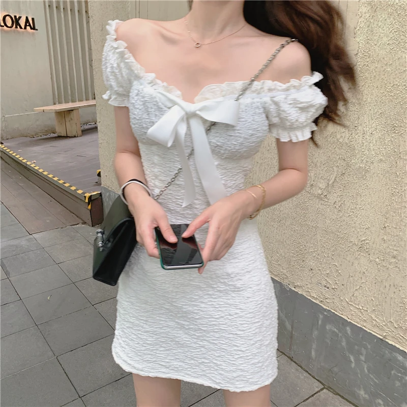 

Slash Neck Bow White Dress Puff Short Sleeve Sweet Style High Waist Slim A-line Mini Dresses for Women Clothing Summer New 2021