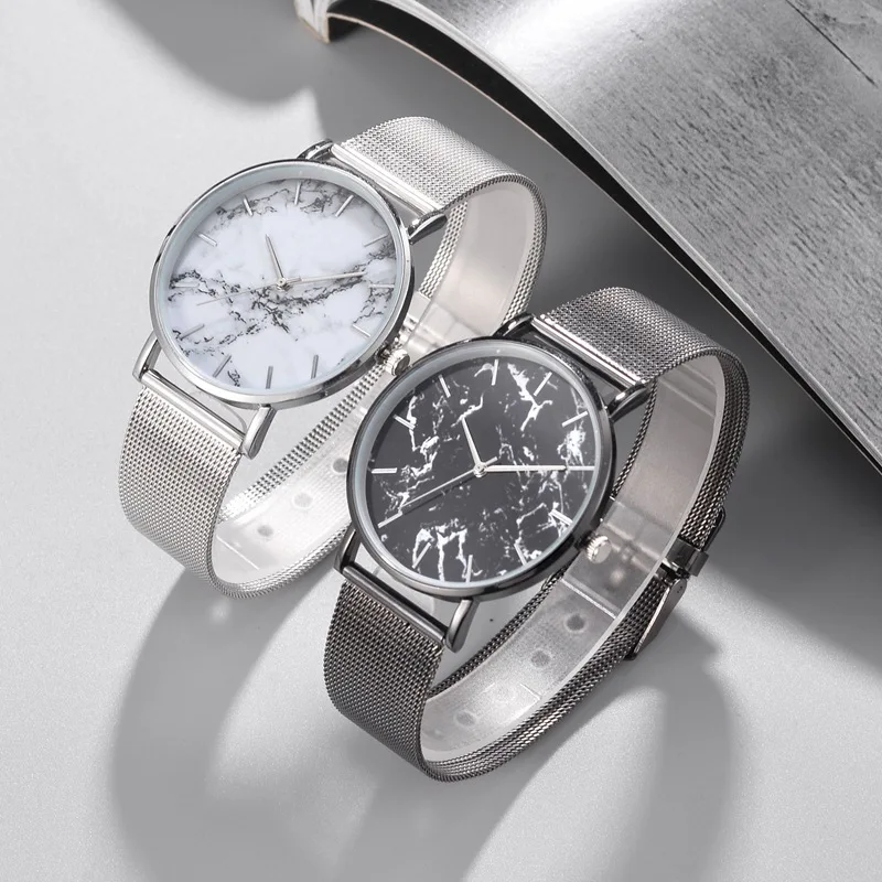 Розовое золото сетчатый ремешок креативные мраморные женские наручные часы