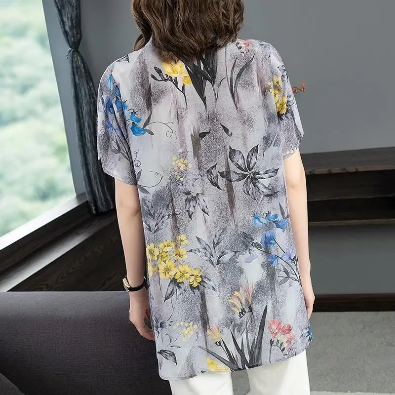 

Summer new style fashion printed short-sleeved shirt women loose western style blouse women mid-length