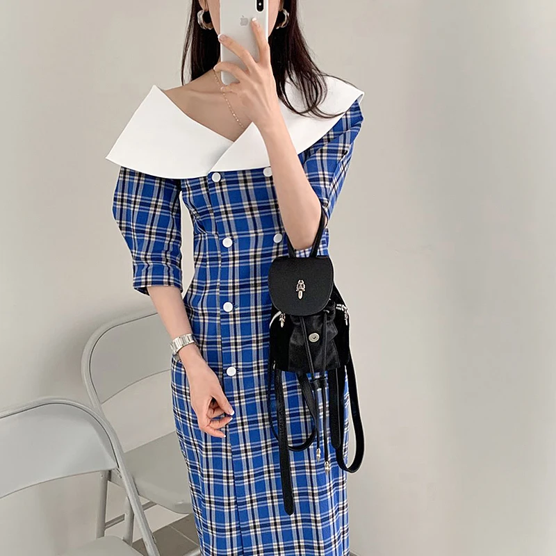 LANMREM клетчатое женское платье с отворотом коротким рукавом двубортное талией