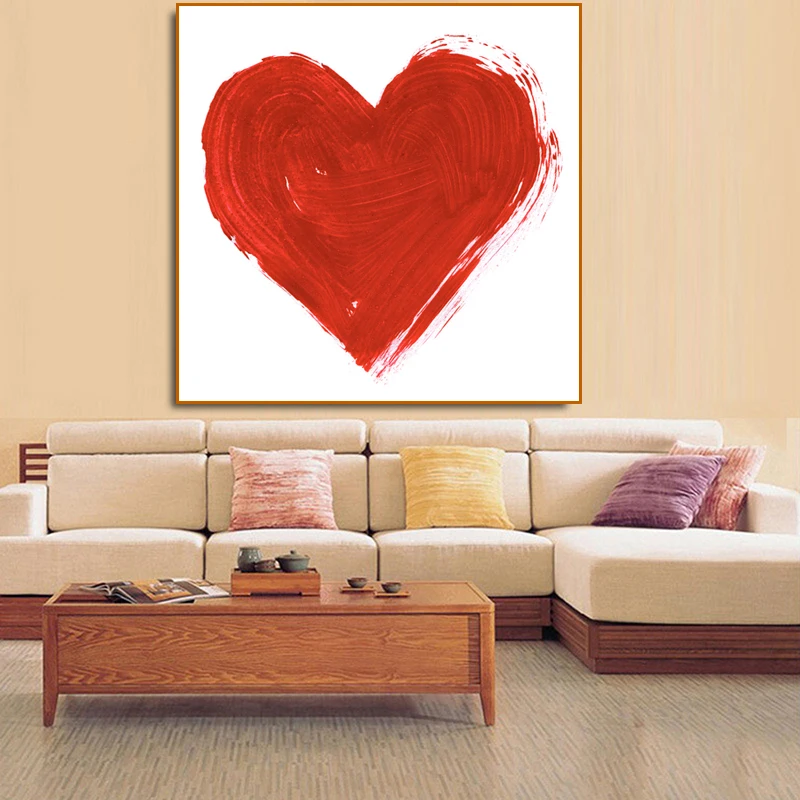 Романтическая Красная Картина на холсте с сердечками акварелью свежими
