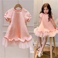 girls pink fashion mesh stitching short sleeved dress girls clothes 2 year old baby girl clothes kids dresses for girls