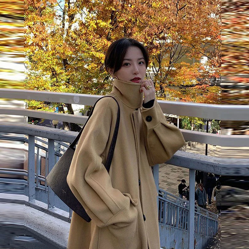 

Японское шерстяное пальто в стиле Хепберн, женское осенне-зимнее модное облегающее длинное пальто, утепленное Женское пальто средней длины...