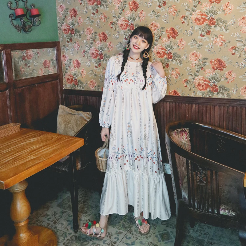 Женское винтажное платье с цветочным принтом, модельное Длинное свободное платье в Корейском стиле с круглым вырезом и пышными рукавами, весна 2022
