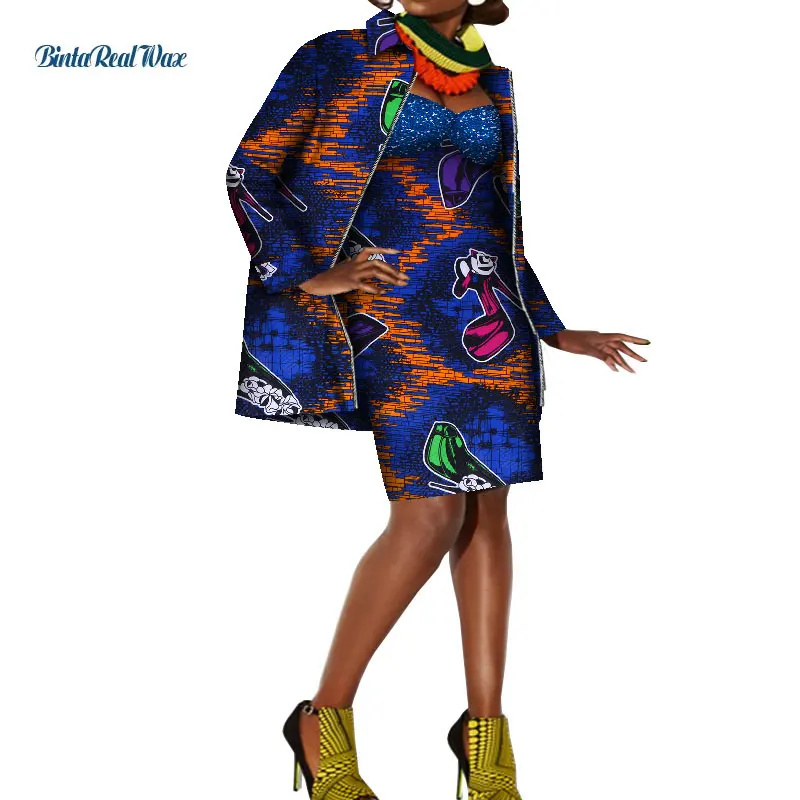 2 Pcs Coat and Dress Sets African Dresses for Women Knee Length Vestidos Bazin Riche Ankara Coat Jacket African Clothes WY8411