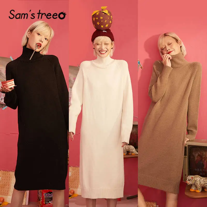 SAM'S TREE/многоцветный однотонный минималистичный вязаный пуловер, платье-свитер для женщин, зима, чистый длинный рукав, повседневные женские платья