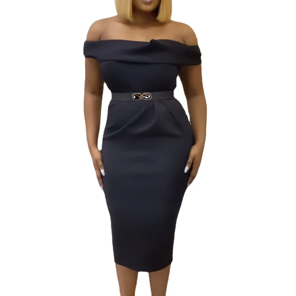 

Summer 2021 New Sexy off-Shoulder Sheath Dress Slim Fit Solid Color Commute plus Size Women's Clothing with Belt