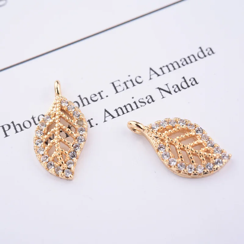 (987)4PCS 14x7MM 24K Gold Color Brass with Zircon Leaf Leaves Charm Pendants for DIY Jewelry Making Findings Accessories | Украшения и