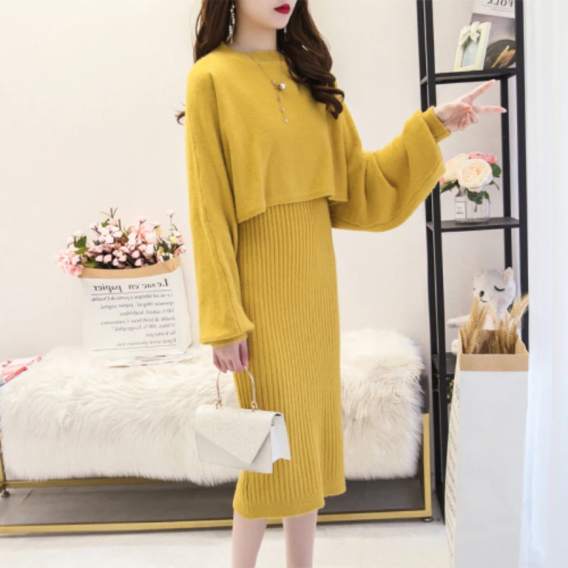 

Женский трикотажный Костюм-двойка YICIYA, элегантное свободное платье-свитер розового и зеленого цветов + топ с круглым вырезом, новинка сезон...