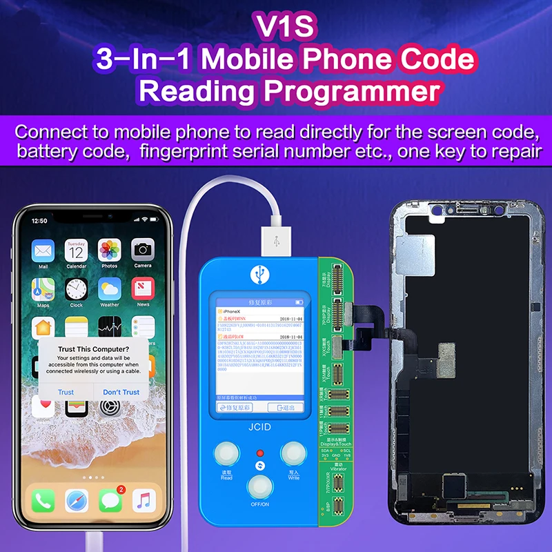 

JC V1S for IPHONE 7 8 8P X 11 PRO MAX Photosensitive Original Color Battery Fingerprint Serial Number Programmer Touch shock