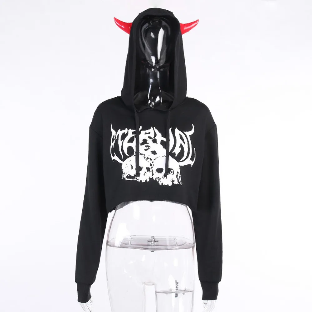 

Vintage Goth Black Punk Loose Skull Print Demon Hooded Crop Top Women Gothic Dark Long Sleeve Drawstring Autumn Casual Hoodie