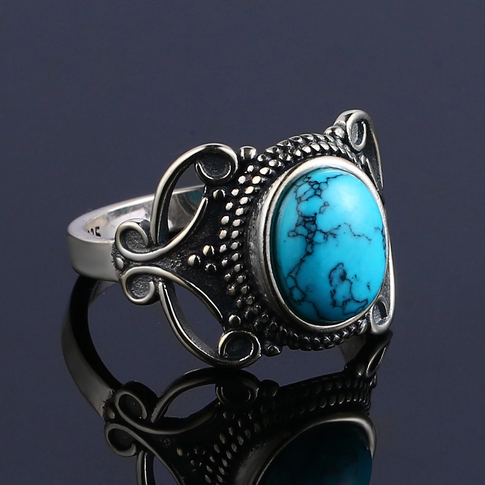 Новые Богемские Стиль 8x10 мм Овальный натуральный кольца с бирюзой Для женщин 925