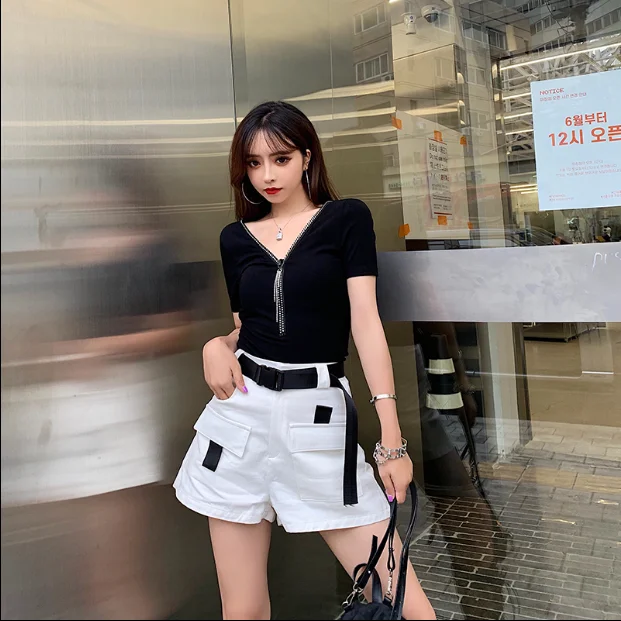 Женская футболка с двойным v-образным вырезом на молнии новая мода 2020 облегающий