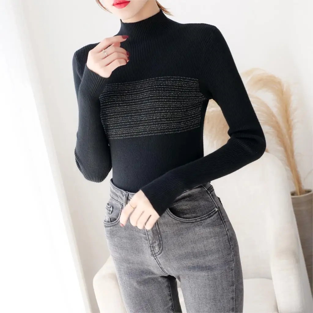 

Women knitted cotton 2019 Women Sweater Autumn and Winter New High round neck Bright silk Sweater Pullover Warm Soft