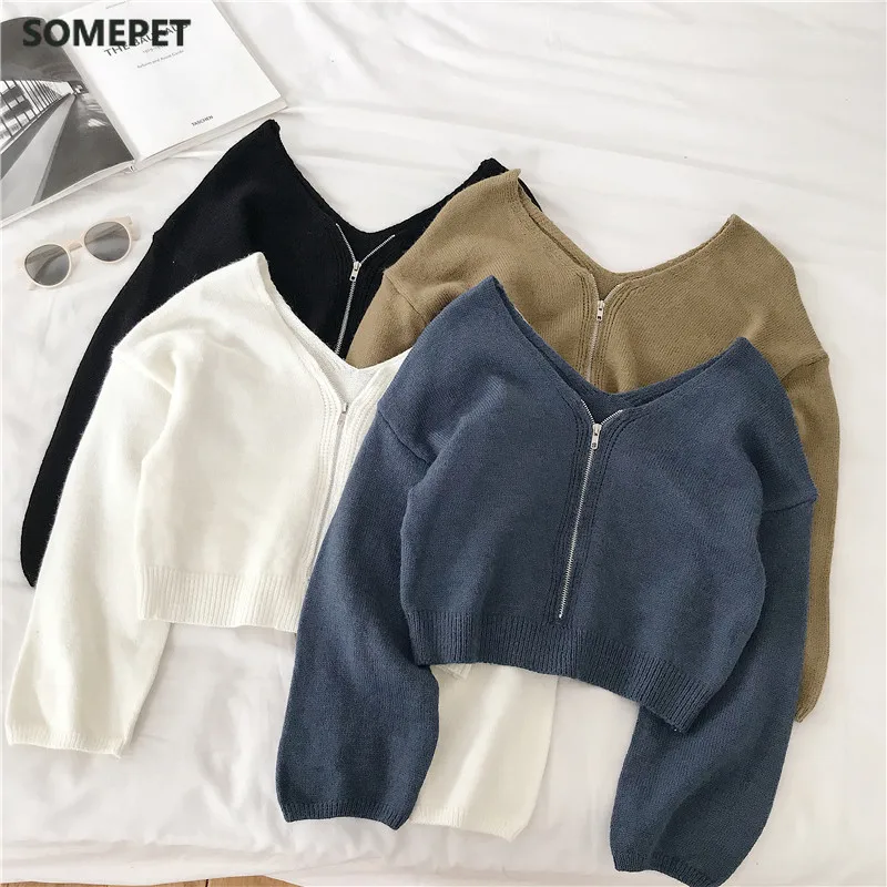 

Long Sleeve`Winter Tops For Women Casual Chic Zipper Knitted Sweater Women White Black Korean Short Sweaters Womens 2020 Autumn