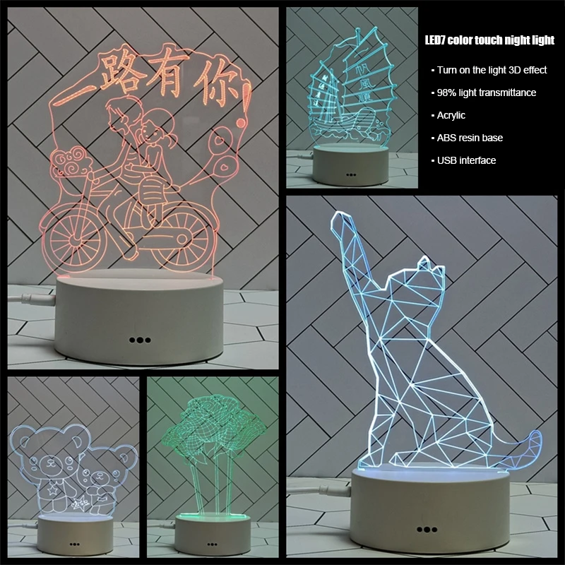 

New Cartoon Cat Colorful Touch Energy-saving LED Table Lamp 3D Night Light Bedroom Atmosphere Decoration Battery Compartment USB