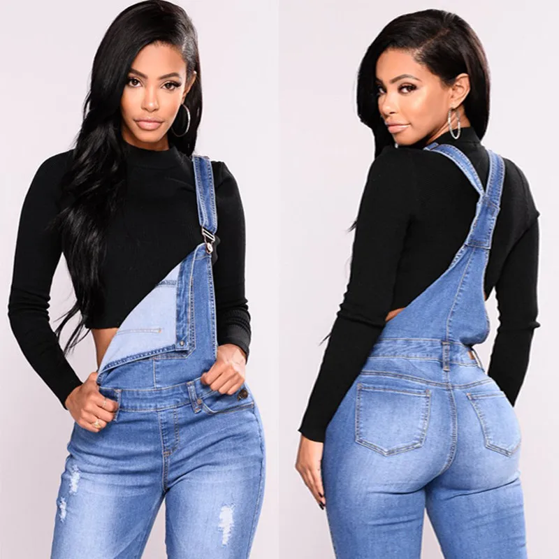 

Hot-selling Denim Overall Hole Slimming Jeans Trousers for Women High Street Loose Full Length Button Fly Jeans Overalls