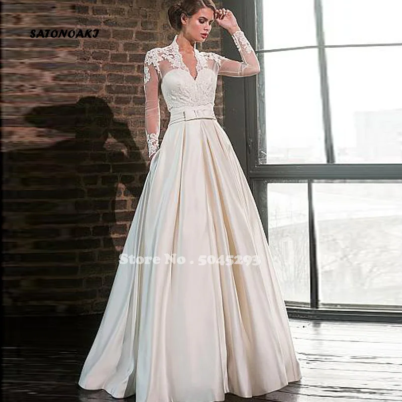 

Vestido De Novia Elegant Satin Wedding Dress with Lace Jacket Long Sleeves Pockets 2021 Floor Length Bridal Gowns Robe Mariage