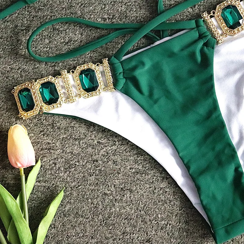 

Sexy Rhinestones Bikini 2020 Women Solid Push Up Glitter Diamond Two Piece Swimsuit Chain Metal Bathing Suit Thong Swimwear