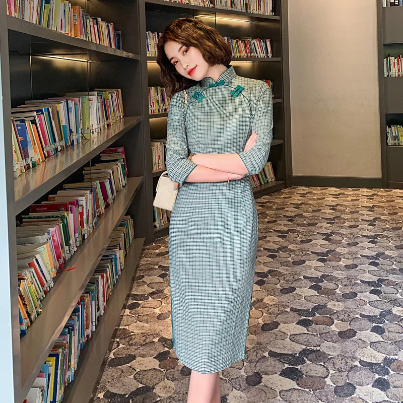 

New Cheongsam Improved Daily Ladies Slit Qipao Green Elegant Dresses Chinese Traditional Dress