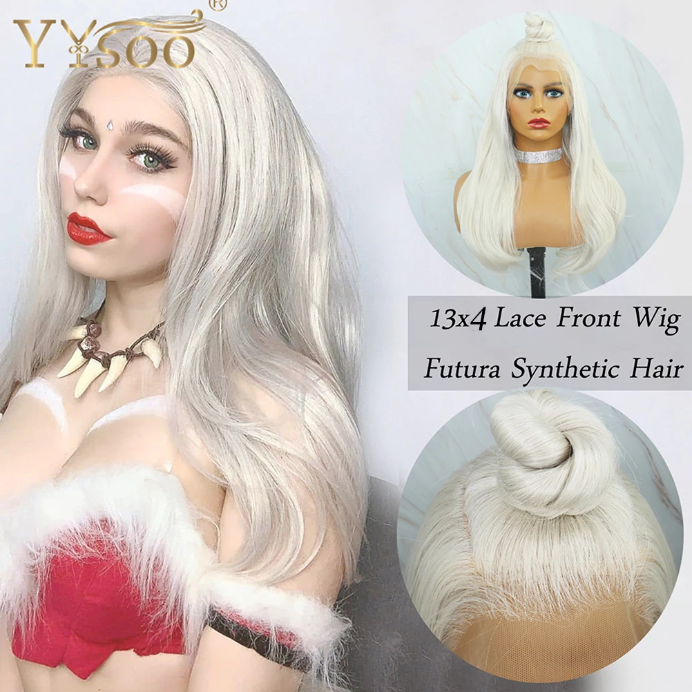 YYsoo Long Light Grey Wavy Synthetic Lace Front Wig for Women 13x4 Futura Japan Heat Resistant Fiber Hair Synthetic White Wigs