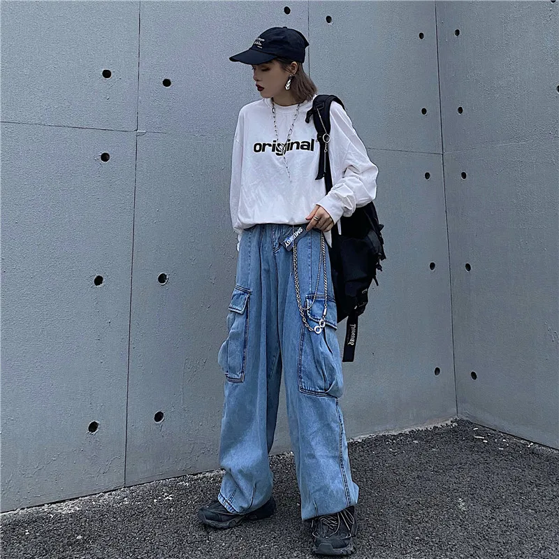 

2021 New Spring Casual Jeans Woman Long Trousers Cowboy Female Loose Streetwear High Waist Wide Leg Pants