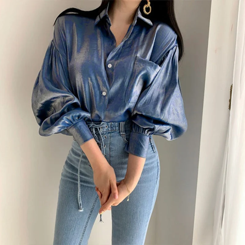 

New Autumn Fashion Pocket Buttoned Pullover Women Solid Slim Cardigan Shirts 2022 Spring Elegant Lantern Sleeve Lady Tops Blouse