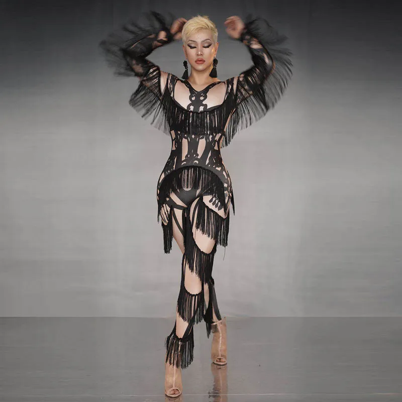 Skinny Tassel Jumpsuit Long Sleeve Black Fringes Leggings Stage Wear Bar Nightclub Female Singer Dancer Performance Costume