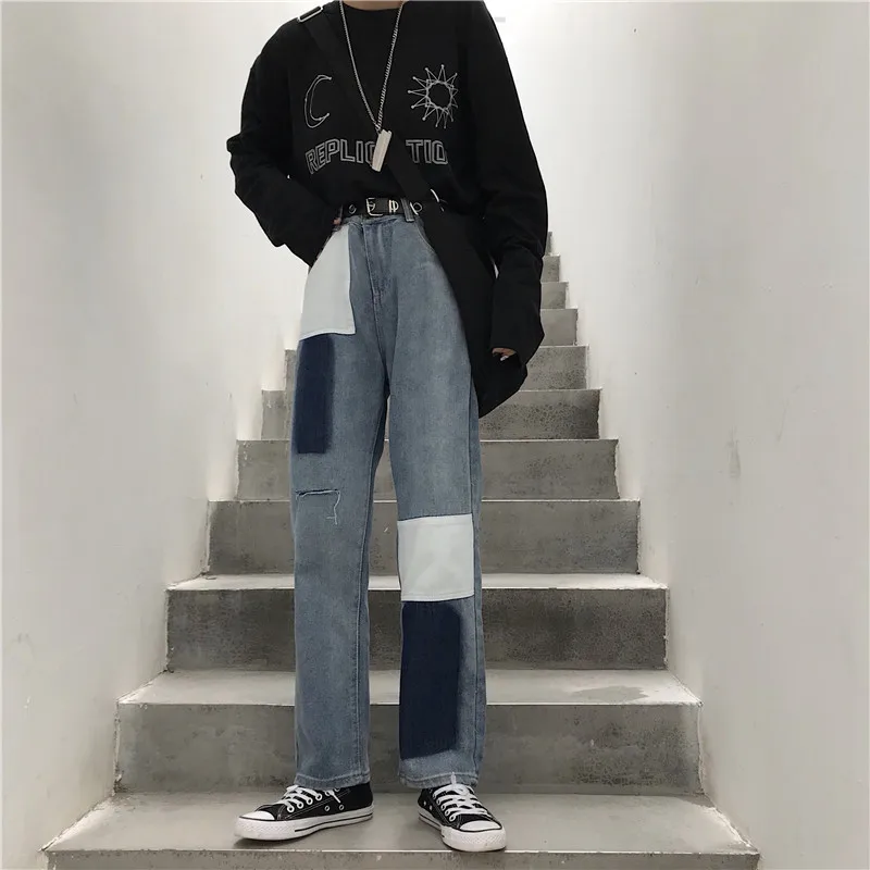 

Fashion Ripped Women Jeans Bottoms High Waisted Straight Patch Hole Blue Denim Pants Casual Loose Trousers Wide Leg Denim Jeans