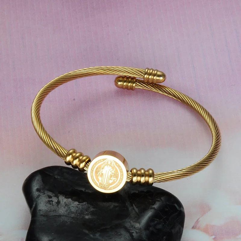 

Catholic St. Benedict Geometric Medal Wire Bangles For Women Gold Color Metal Stainless Steel San Benito Pulseras Mujer Bracelet