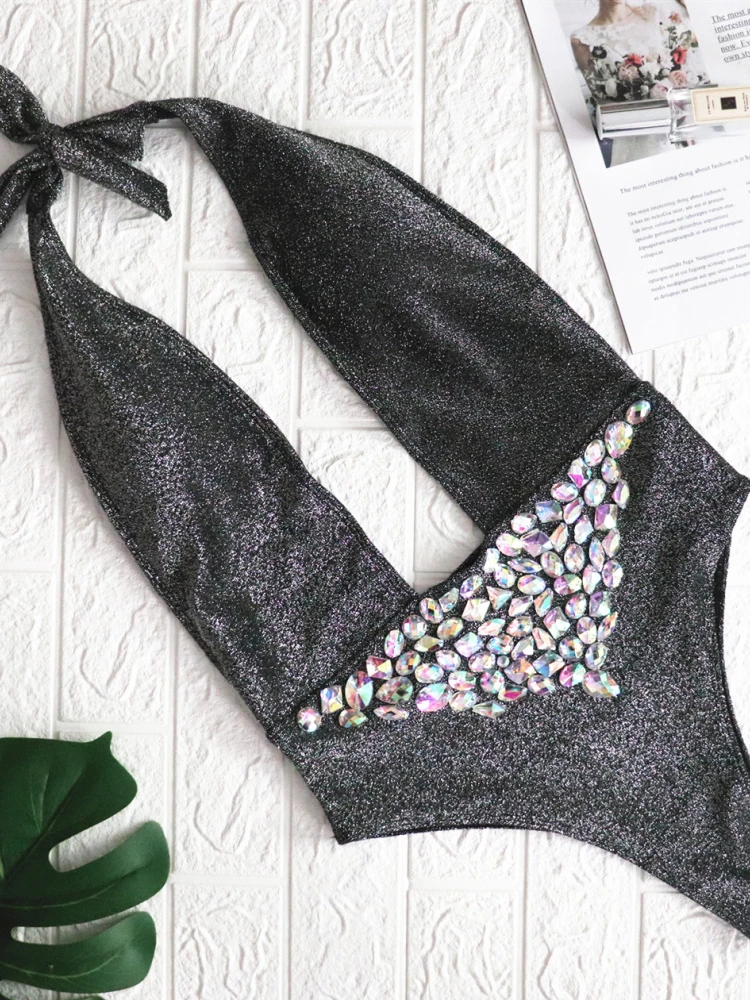 

Explosion 2021 new shiny fabric swimsuit crystal diamond bandage high waist one-piece swimsuit sexy bikini Beachwear plus size