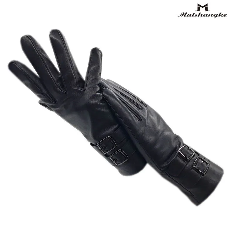 Winter Ladies Fashion Sheepskin Leather Gloves Black New Warm High Quality Girls Leather Gloves Driving Cold Protection Leather