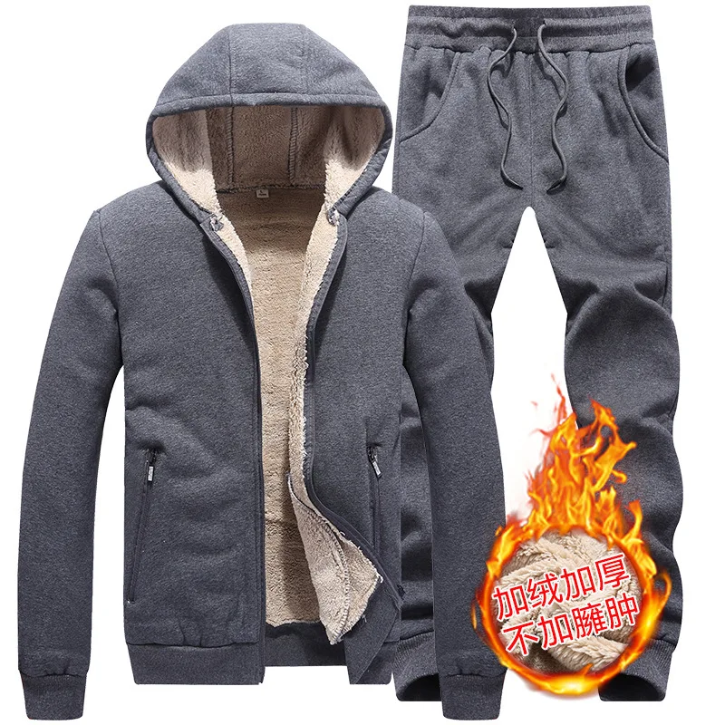 

Winter Men Hooded Jackets Woolen Lining Warm Male Tracksuit Full Length Sweatpants Set Suit Casual Large Size M-4XL Sweatsuits