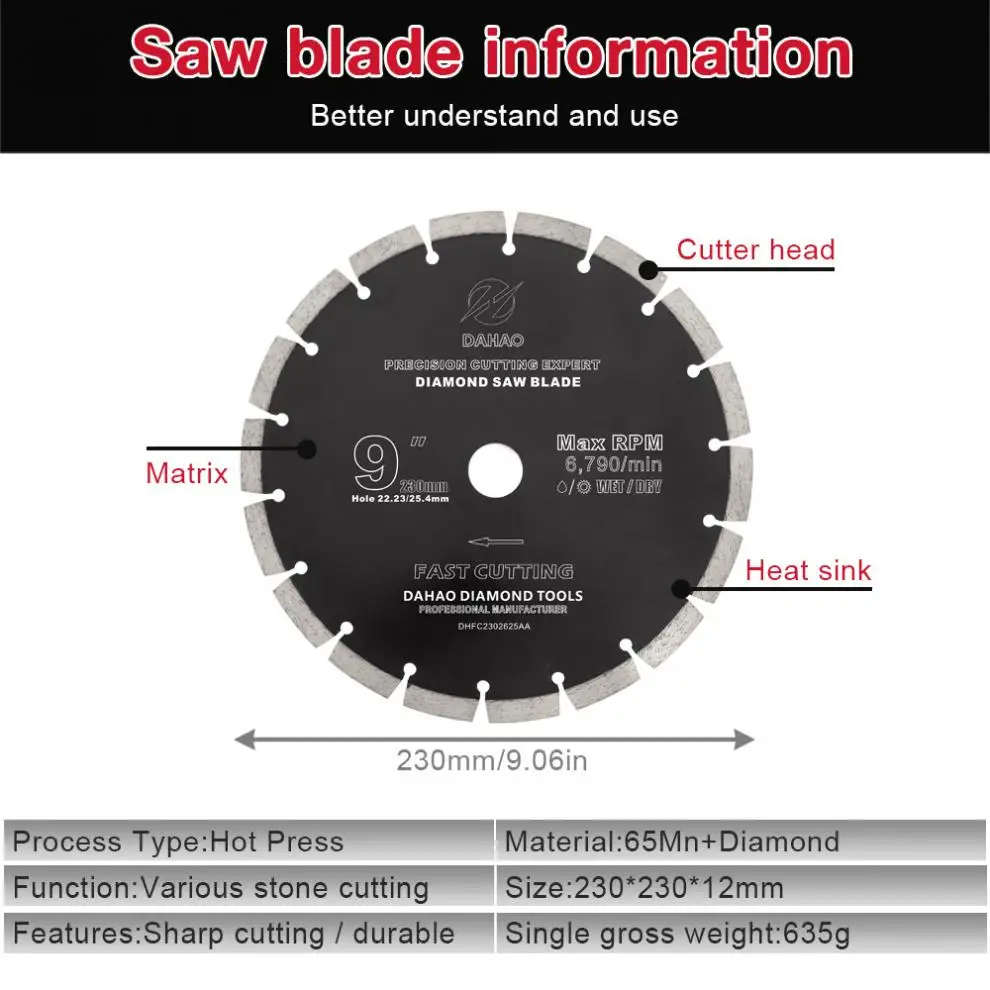 

230mm Split Tooth Segmented Shape Diamond Saw Blade Volcanic Rock Cutting Blade Support Wet and Dry Cutting for Masonry / Brick