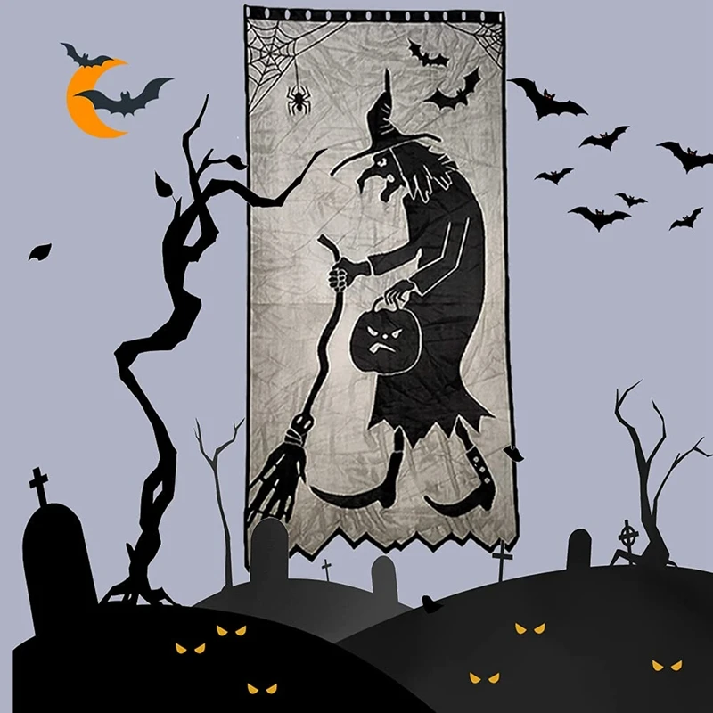 Шторы на Хэллоуин с черными летучими мышами и кружевом для окон и дверей для украшения.