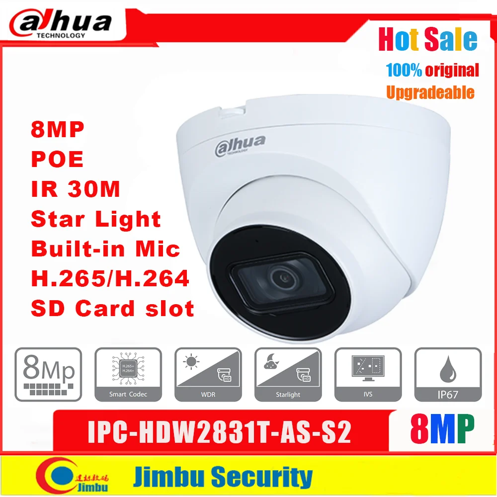 Купить Dahua 4K 8MP IP-камера POE IPC-HDW2831T-AS-S2 Встроенный микрофон и слот для SD-карты IR 30M IVS WDR Водонепроницаемая наружная камера со звездным светом