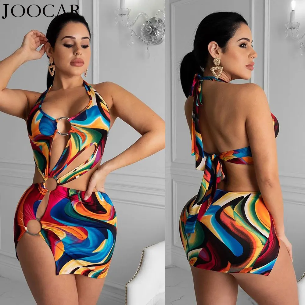

free shipping 2020 joocar summer sexy v neck straps sleeveless Bodycon print Metal ring dress JC1277
