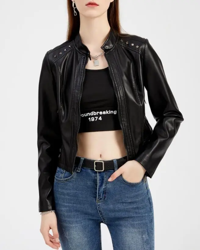 Rivet Short Leather Jackets Women Spring Autumn Long Sleeve Women's PU Leather Coat Thin Fashion Slim Street Coats