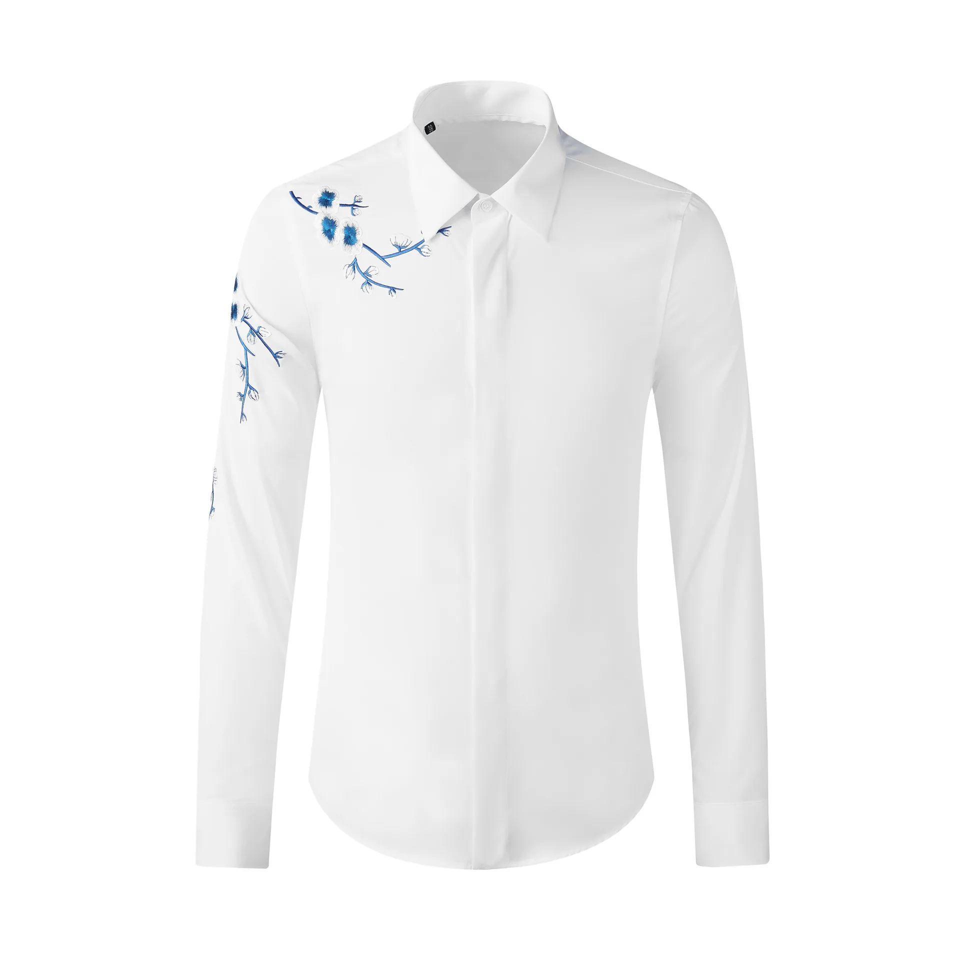 2021 autumn and winter Chinese style plum blossom embroidery long-sleeved men's shirt tide brand shirt men's clothing