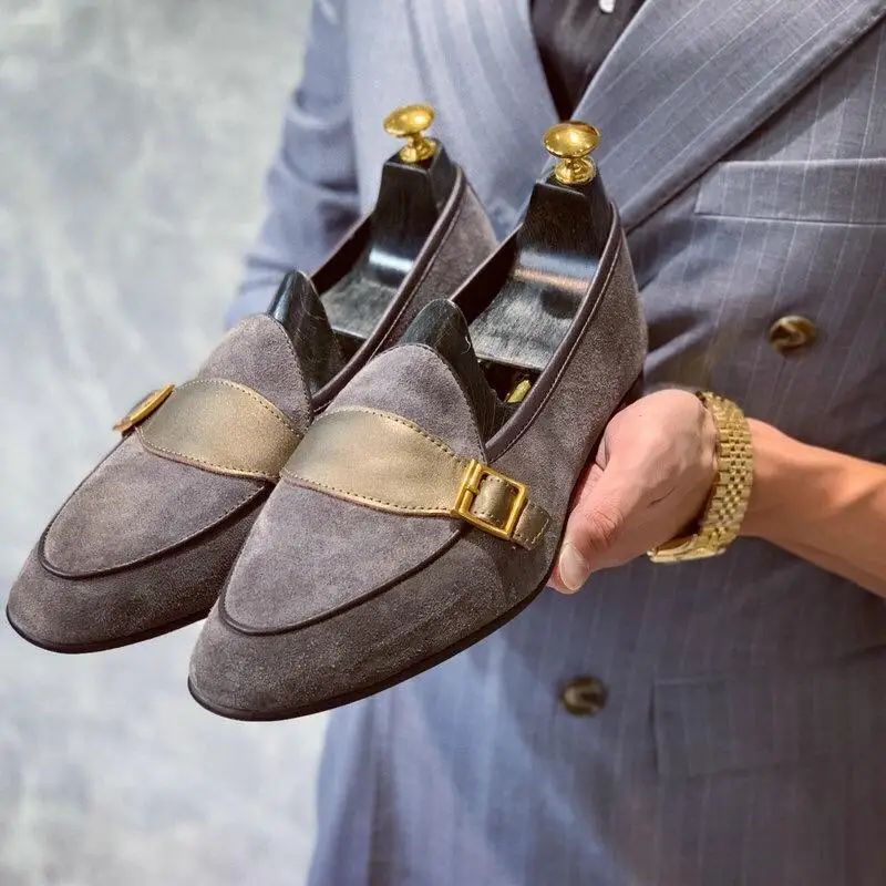 

Men's Handmade Retro Classic Imitation Deerskin Leather Shoes with Brown Buckles Fashion Everyday All-match Casual Shoes HG352