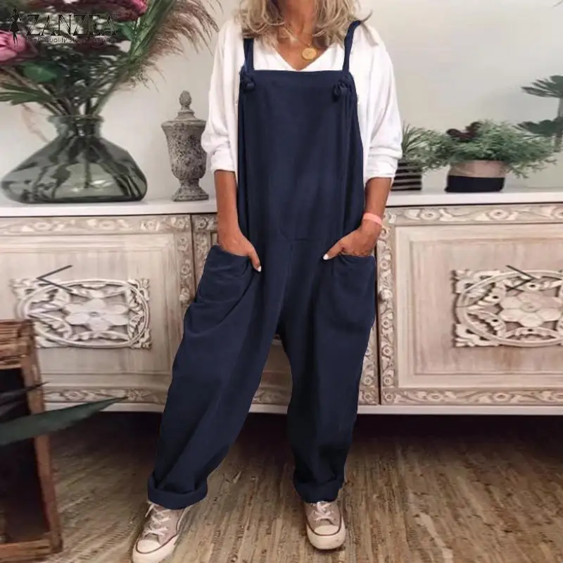 Women's Dungarees Jumpsuits ZANZEA 2021 Vintage Suspender Summer Overalls Wide Leg Pants Female Solid Rompers Playsuits Oversize