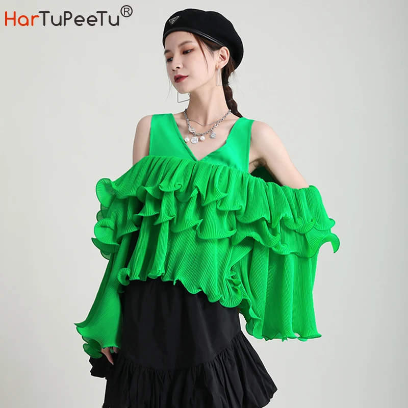 

Stylish Green Short T Shirts Women Summer 2021 Flare Sleeve Irregular Tops Chiffon Layered Pleated Ruffles Loose Pullover Tees