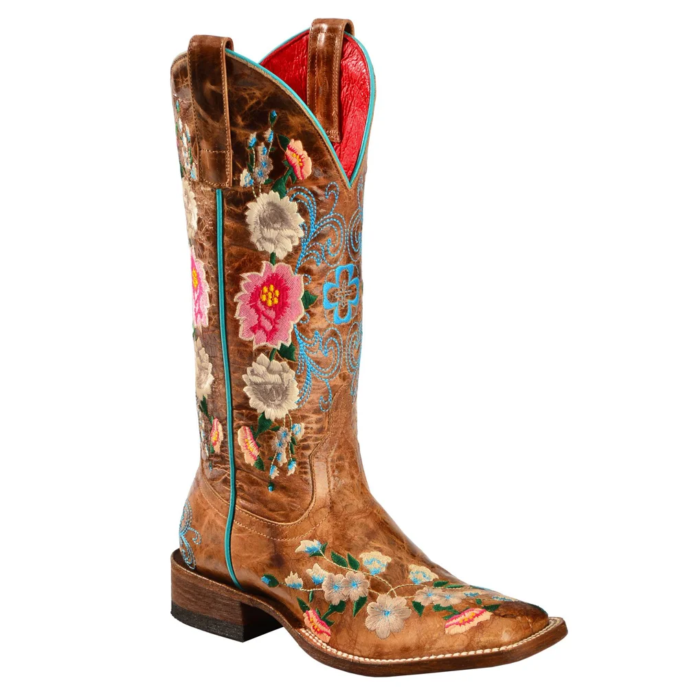 

Women Handmade Embroidery Rose Garden Cowgirl Boots Square Toe