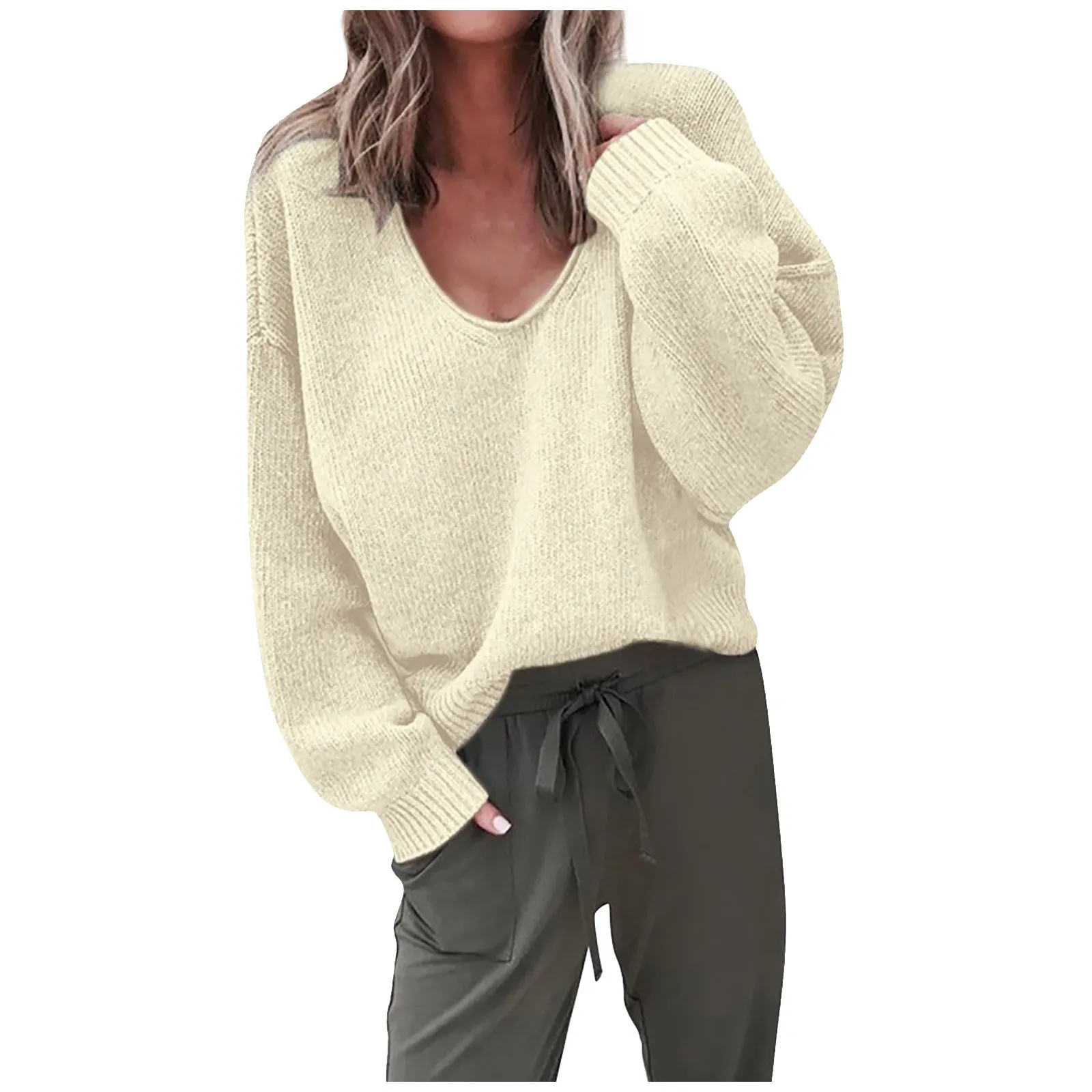 

Women Fashion V-neck Loose Pullover Solid Color Long Sleeves Sweater Tops Women Solid Loose Autumn Oversized Atmosphere 2021