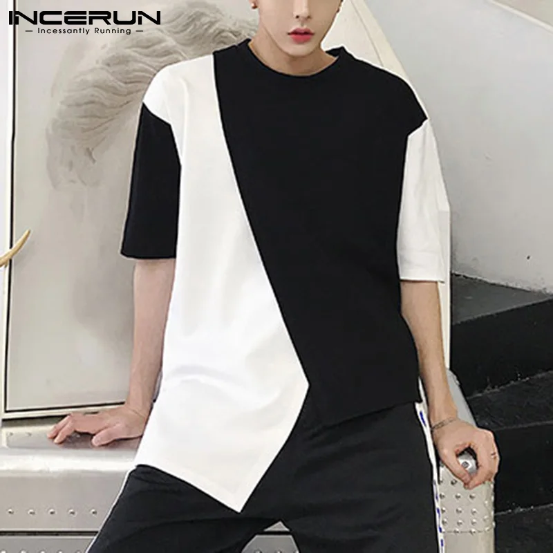 

2021 Men T Shirt Patchwork O Neck Streetwear Short Sleeve Fashion Korean Casual Tee Tops Summer Camiseta Masculina INCERUN S-3XL