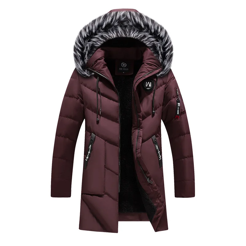 Fashion Men Parkas Casual Solid Color Zipper Youth Thick Black Coat Winter Jacket Men With Fur Trim Hood Cotton-padded Coats