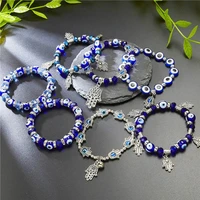 trendy couple turkish evil eye palm elastic bracelet for women men charm handmade crystal resin beaded bracelets jewelry gifts