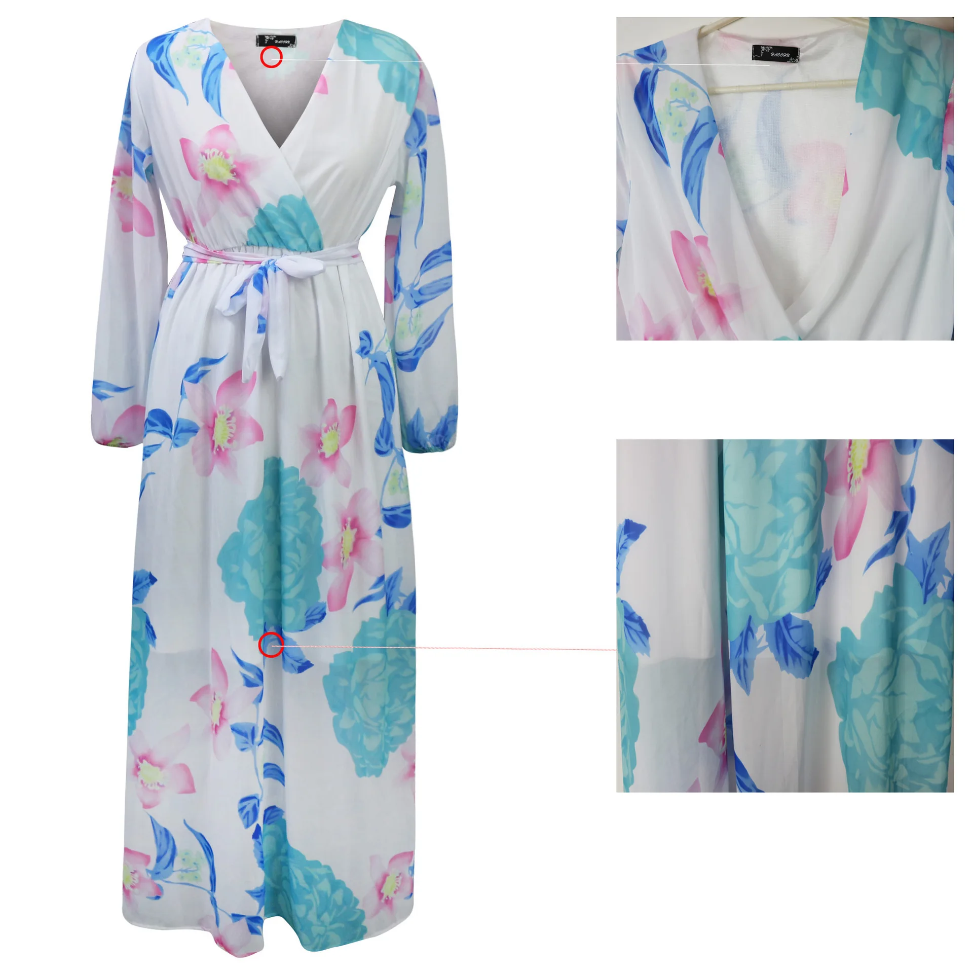 

S-5XL High Quality Dress Plus Size Women's Sexy Cross V-Neck Long Sleeves With Belt Fashion Flower Print Chiffon Long Dress 2021