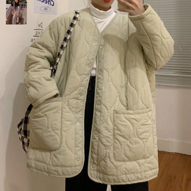 Ardm Casual Oversize Diamond Button-up Quilted Jacket куртка зимняя женская Long Sleeve Pockets Down Cotton Winter Coat Tops