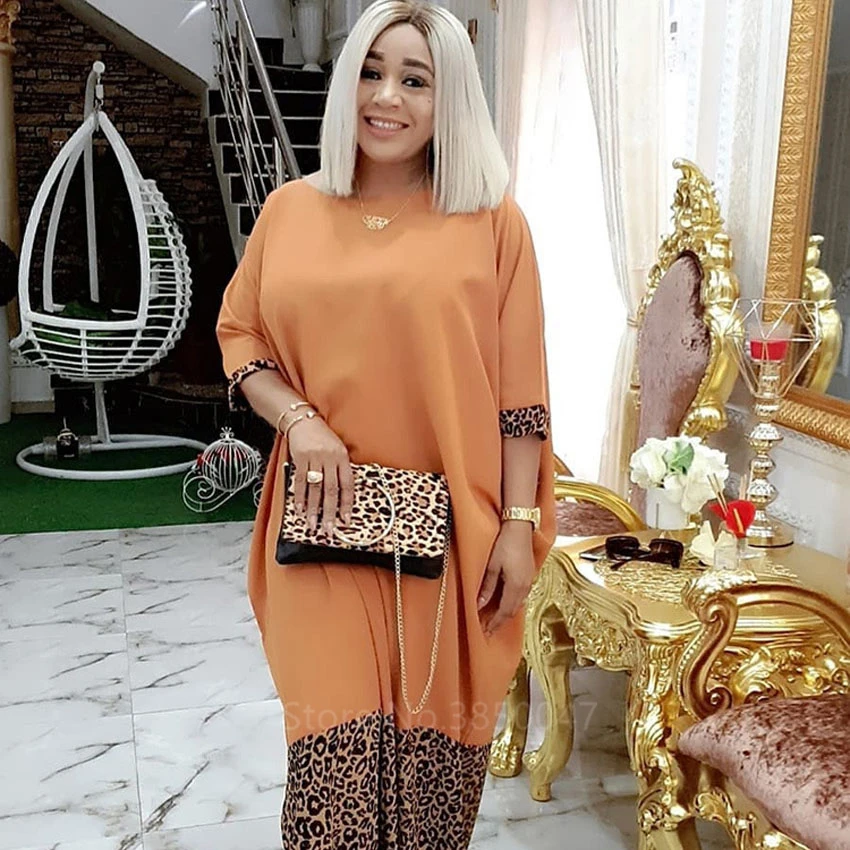 

African Dress Women Dresses Dashiki Leopard Loose Plus Size Orange 2022 New Summer Outfit Fashion Half Sleeve Africa Clothing